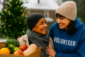 Volunteers in Toledo distribute fresh produce and warm meals outdoors during winter, with snow falling, holiday lights glowing, and families receiving food with dignity.